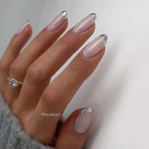 40 Best Wedding Nails 2022 :  Glitter Silver French Mani