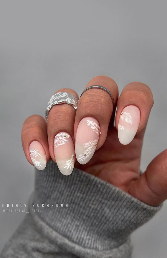 40 Best Wedding Nails 2022 : Matte Nails with White Leaves