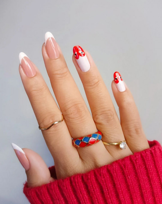 42 Cute Valentine’s Day Nails for 2022 : White French & Red Comme Des Gracons