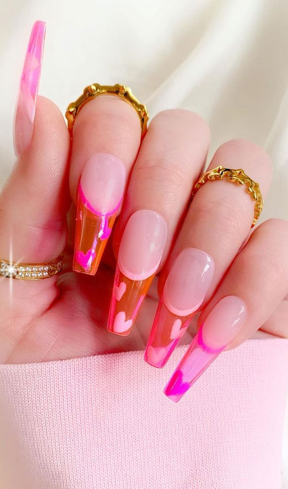 42 Cute Valentine’s Day Nails for 2022 :  Pink Jelly French Tips with Hearts