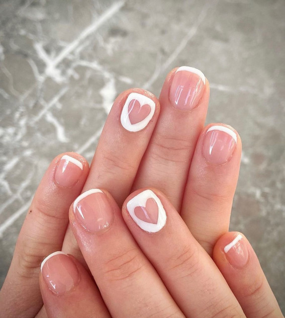 42 Cute Valentine’s Day Nails for 2022 : French Manicure with Heart