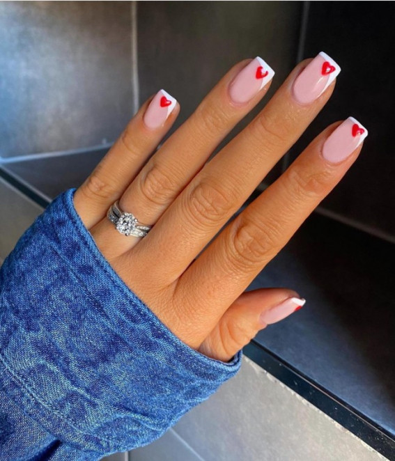 42 Cute Valentine’s Day Nails for 2022 : Side French Manicure + Red Hearts
