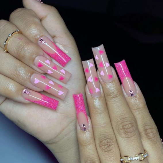 42 Cute Valentine’s Day Nails for 2022 : Acrylic Pink Nails with Hearts