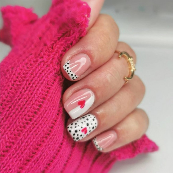 42 Cute Valentine’s Day Nails for 2022 : Mix and Match Dalmatian+Hearts