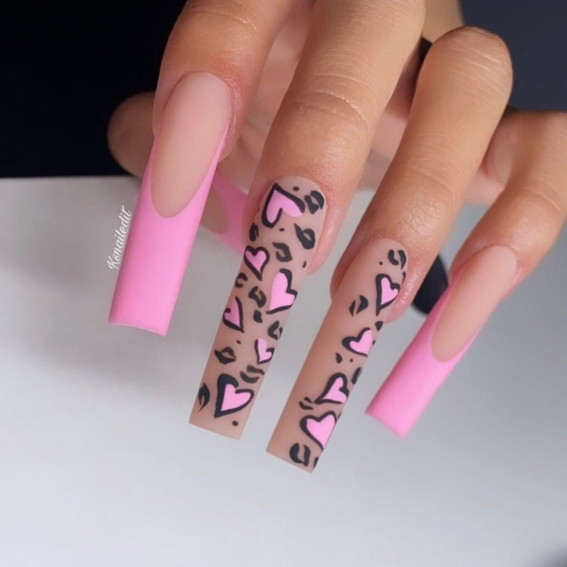 pink french acrylic nails, pink cheetah valentine's day nails, valentines nails 2022, valentines day nails 2022, valentines nails acrylic, heart nails 2022, heart nails, pink nails, valentines gel nails, nail art designs 2022, french manicure valentines