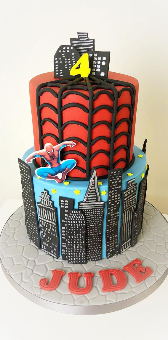 25 Spiderman Birthday Cake Ideas To Thrill Every Child : Hand Painted Sky Scraper