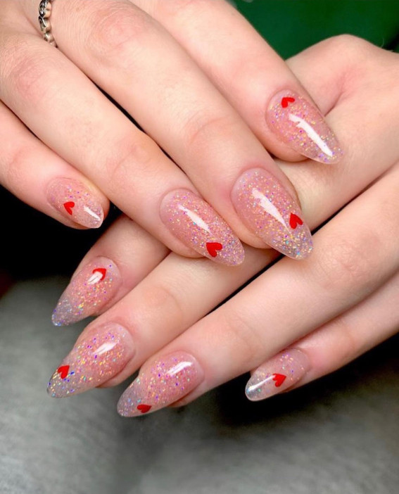 42 Cute Valentine’s Day Nails for 2022 : Subtle Shimmery Nails with Hearts