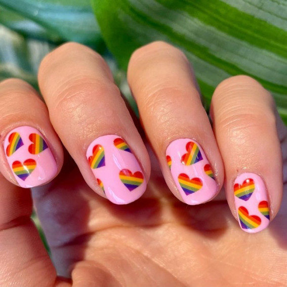 42 Cute Valentine’s Day Nails for 2022 : Rainbow Heart Short Nails