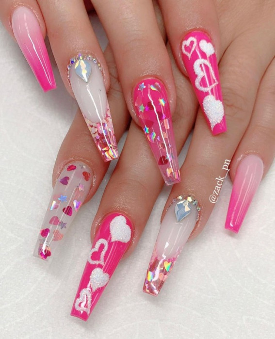 42 Cute Valentine’s Day Nails for 2022 : Acrylic encapsulated Heart Pink Nails