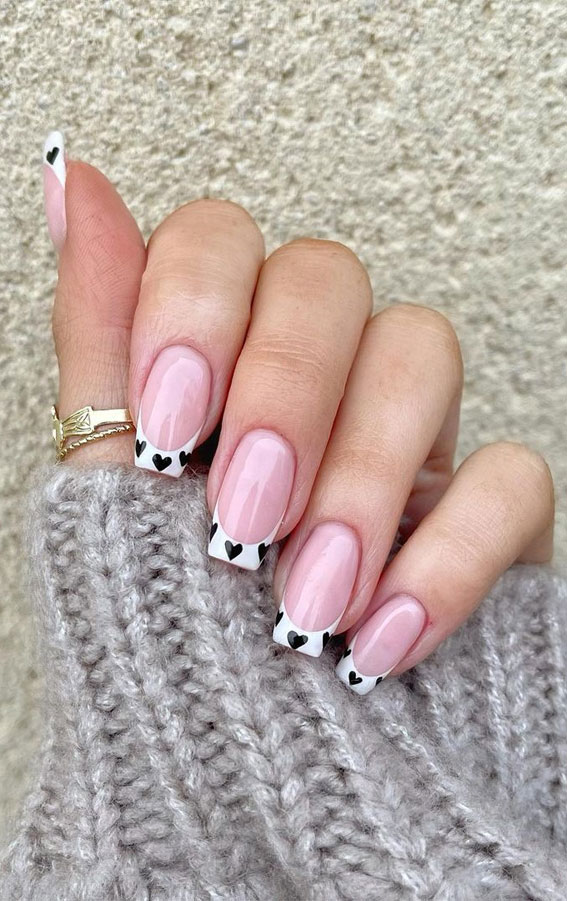 42 Cute Valentine’s Day Nails for 2022 : Black Heart French Manicure