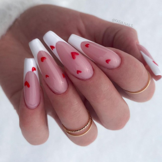 acrylic french manicure with red hearts, red heart nails, french coffin nails with hearts