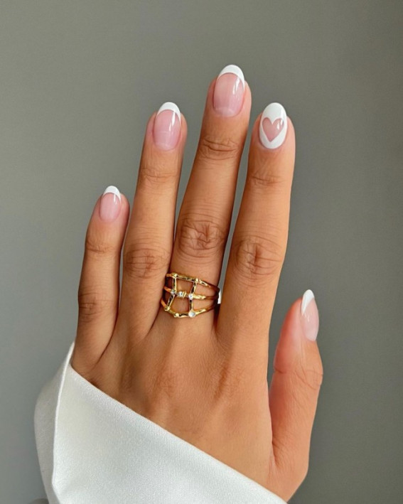 42 Cute Valentine’s Day Nails for 2022 : French Mani with Heart Cut Out