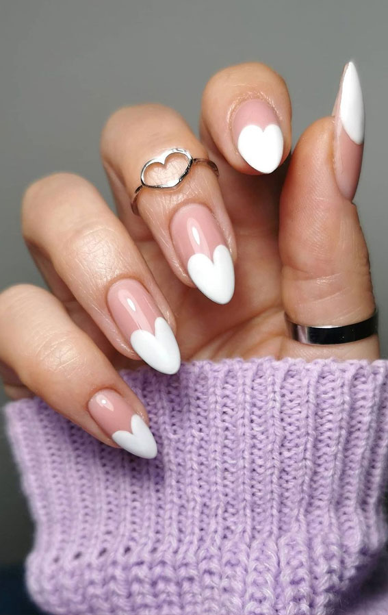 42 Cute Valentine’s Day Nails for 2022 : White Heart French Tips