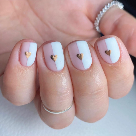 42 Cute Valentine’s Day Nails for 2022 : Half Pink Half White Gold Heart Nails