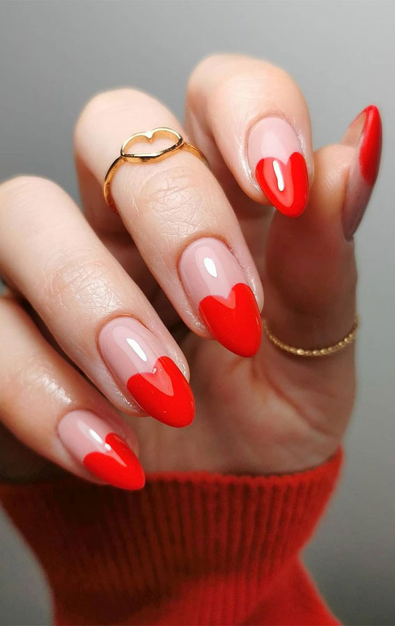 42 Cute Valentine’s Day Nails for 2022 : Red Love Heart French Tips