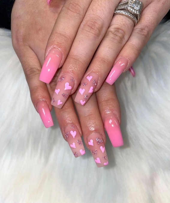 42 Cute Valentine’s Day Nails for 2022 : Acrylic Pink Heart Nails