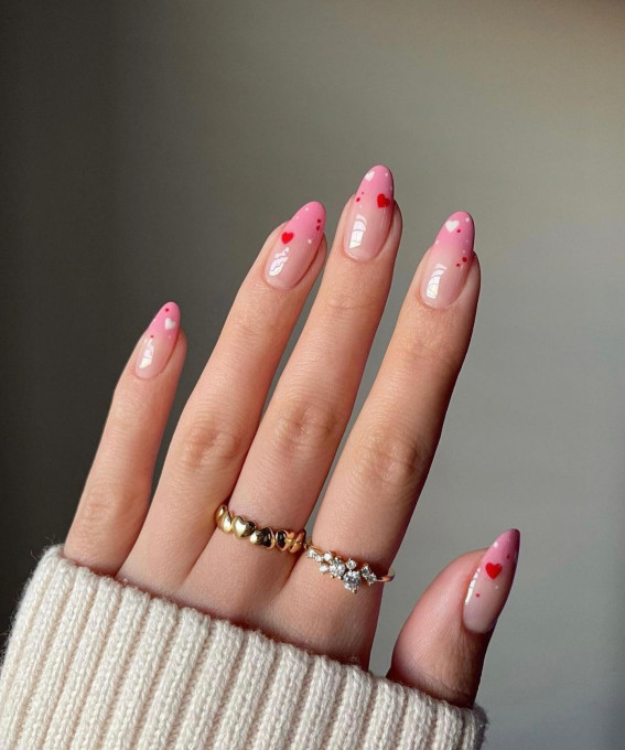 42 Cute Valentine’s Day Nails for 2022 : Pink Ombre Tips with Hearts