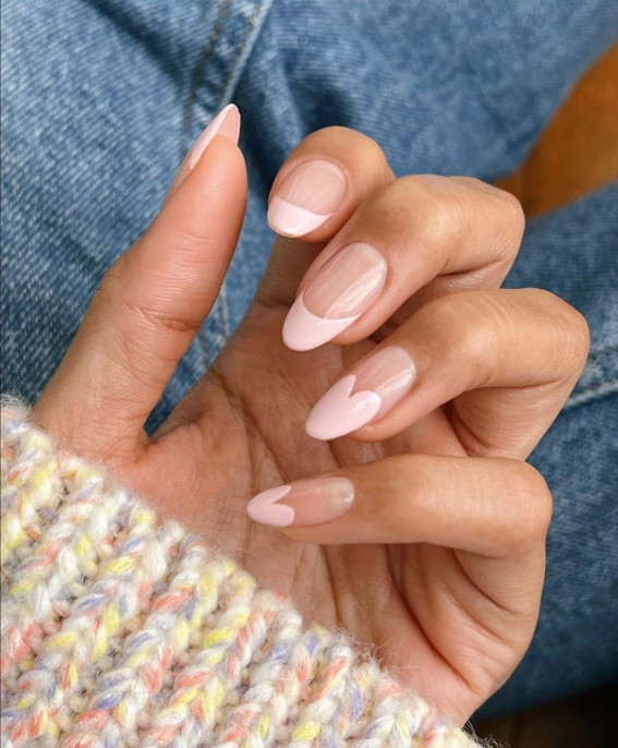 42 Cute Valentine’s Day Nails for 2022 : Nude Heart Tip Nails