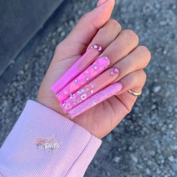 42 Cute Valentine’s Day Nails for 2022 : Long Acrylic Pink Valentine’s Nails