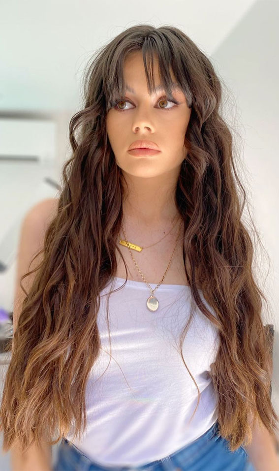 40 Hair Colour Ideas That You Should Try in 2022 : Ash Brown Beach Waves with Bangs