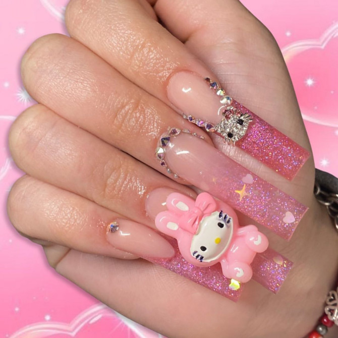 45 Kawaii Nails : Shimmery Ombre Pink Long Kawaii Nails