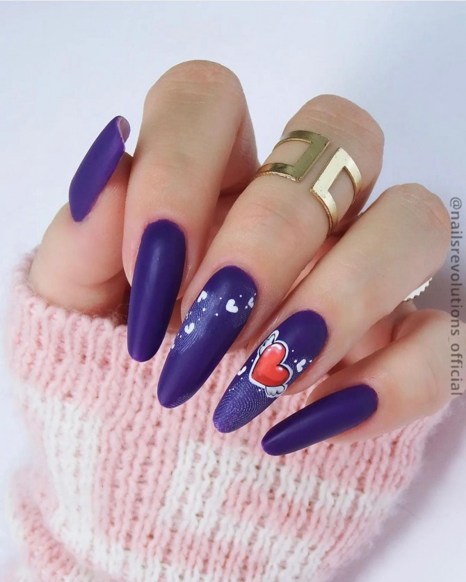 40 Best Valentine’s Day Nail Designs : Blue Nails Red Heart