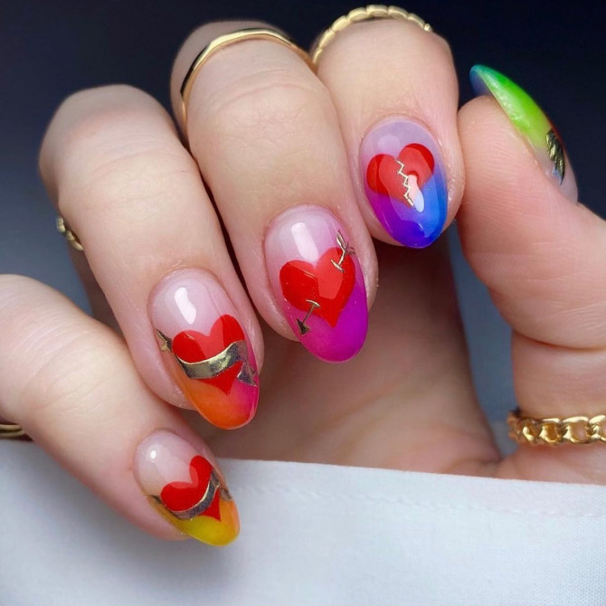 The 35 Cute Valentine’s Day Nails : Red Heart Ombre Tip Nails