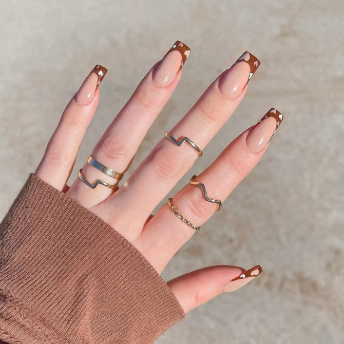 The 35 Cute Valentine’s Day Nails : Brown French Tip Nails with Hearts