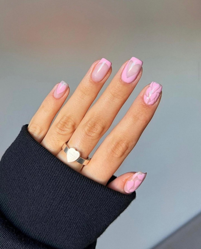 pink french tip nails, pink french tip and heart nails, valentines day nails