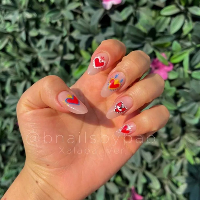 40 Best Valentine’s Day Nail Designs : Different Red Heart Natural Nails