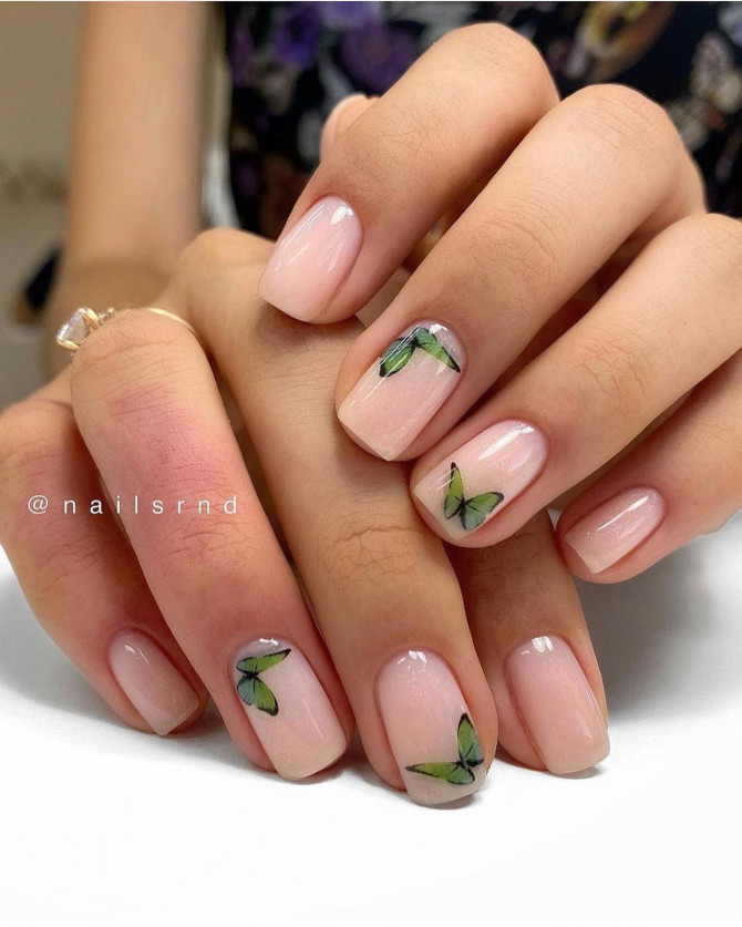 40+ Best Spring Nail Art Designs : Green Butterfly Short Nude Nails