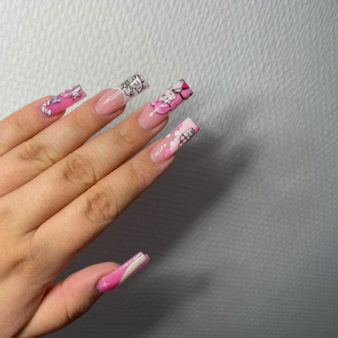45 Kawaii Nails : Cartoon French Tip Pink Nails