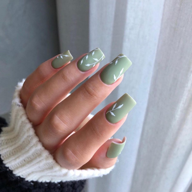 40+ Best Spring Nail Art Designs : White Leave Green Nails