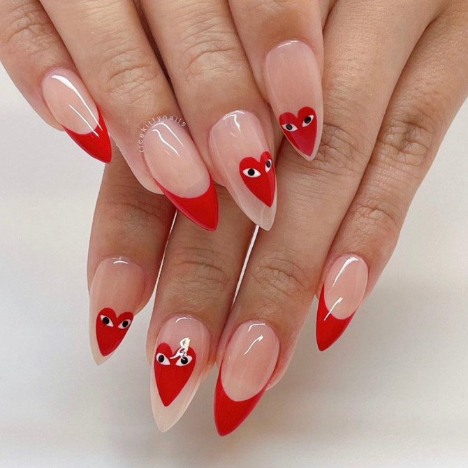 red french tips nails, comme des gracons nails, red valentines day nails, valentines nails, heart nails , valentines nail acrylic, valentines nails gel, cute valentines day nails