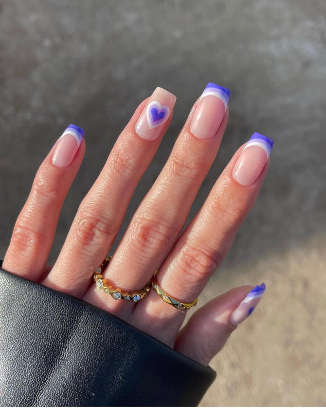 42 Insanely Cute Valentine’s Day Nails : Indigo French Nails with Heart