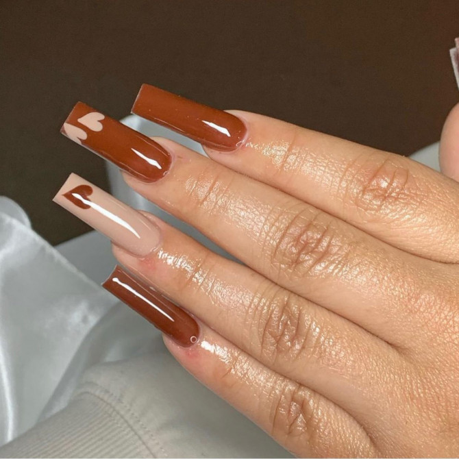 The 35 Cute Valentine’s Day Nails : Brown Acrylic Nails with Hearts