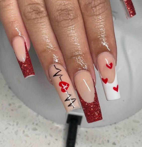 40 Best Valentine's Day Nail Designs : Acrylic Shimmery Red and White Nails