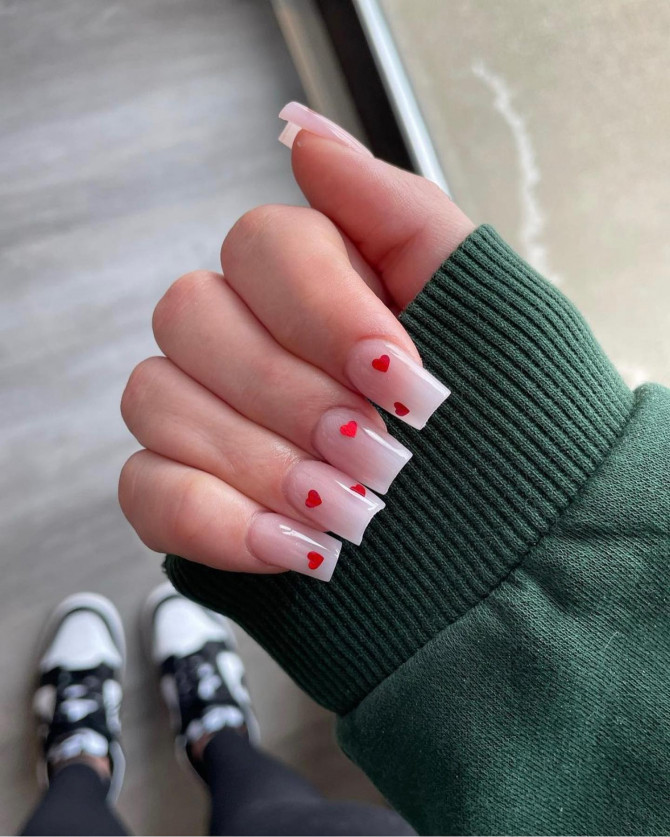40 Best Valentine’s Day Nail Designs : Red Heart Ombre Pink Nails