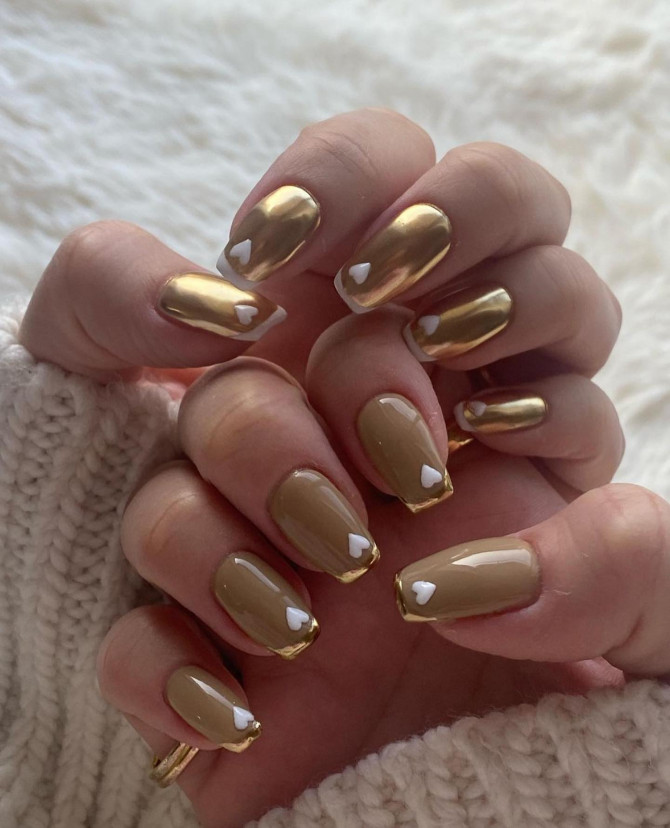 42 Insanely Cute Valentine’s Day Nails : Gold Mirror Nails with White Hearts