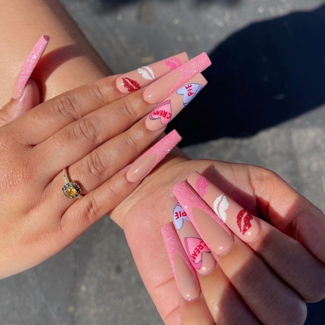 The 35 Cute Valentine’s Day Nails : Candy Heart and Kiss Long Nails