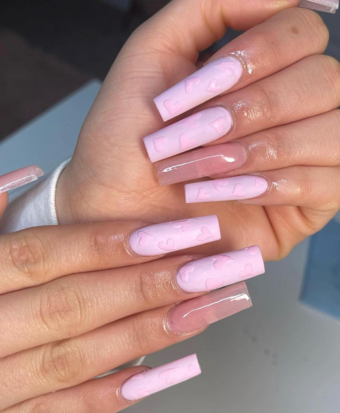 40 Best Valentine's Day Nail Designs : Pink Acrylic Embossed Heart Nails