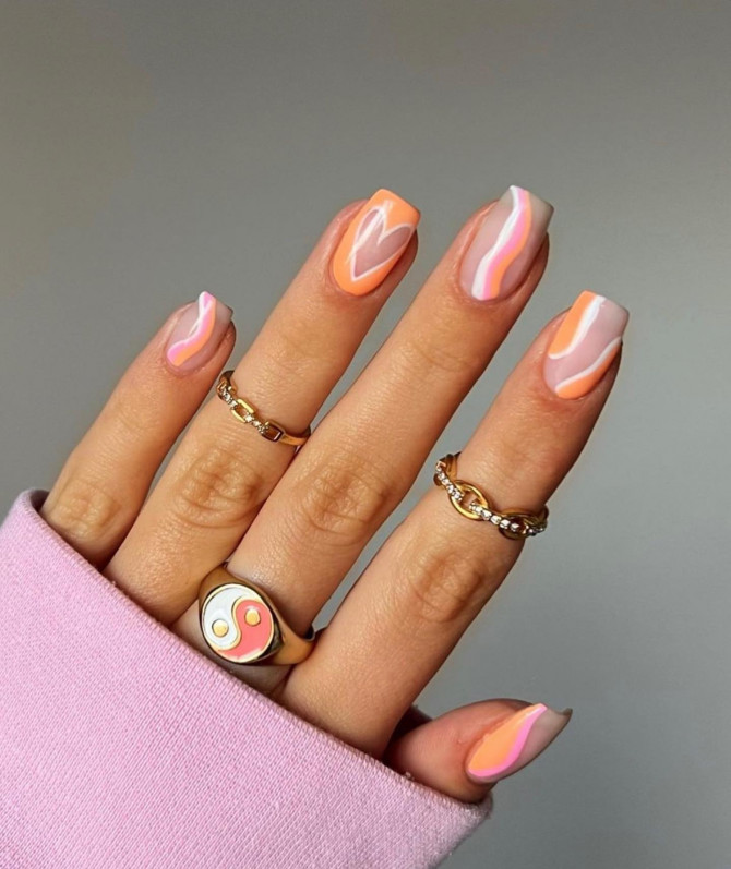 35 Cute Orange Nail Ideas To Rock in Summer : Orange & White Swirls +  French Tips | Orange nails, Orange acrylic nails, Orange nail designs