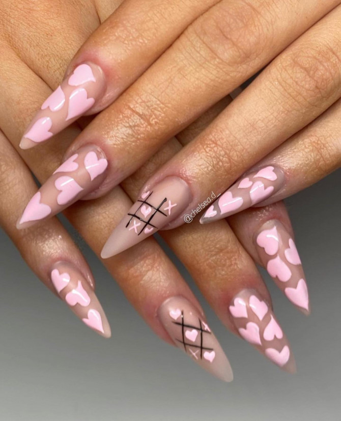 42 Insanely Cute Valentine’s Day Nails : Pink Heart Stiletto Nails