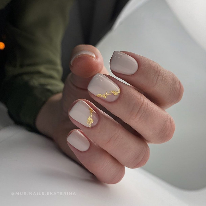 40+ Best Spring Nail Art Designs : Two Tone Nude Nails with Gold