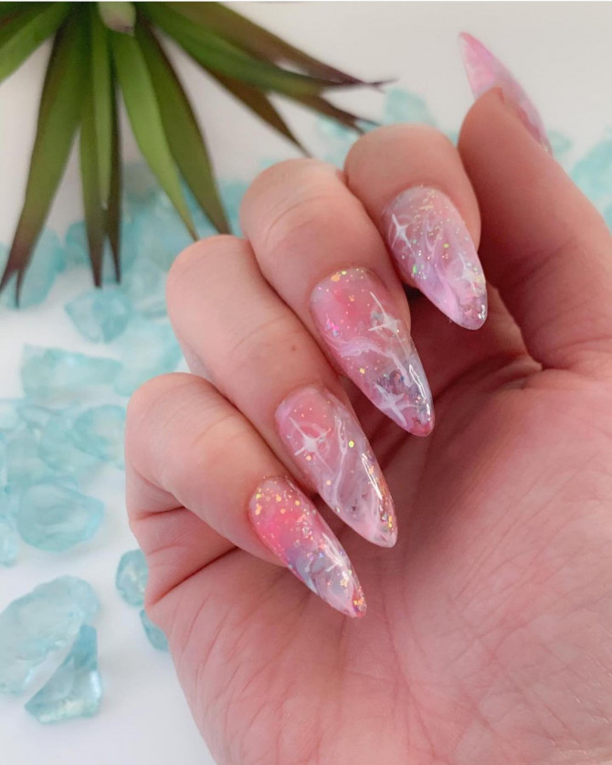 45 Kawaii Nails : Translucent Pink Marble Aesthetic Kawaii Nails