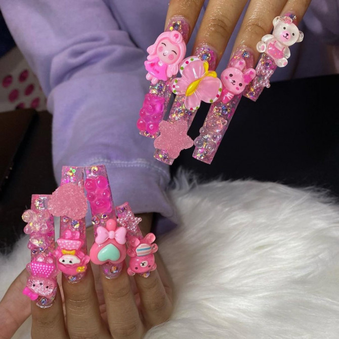 Cute Press on Nails Long Coffin Fake Nails Glitter Sequins Glue on Artificial  Nails Rhinestones Glossy False Nails for Women - Walmart.com