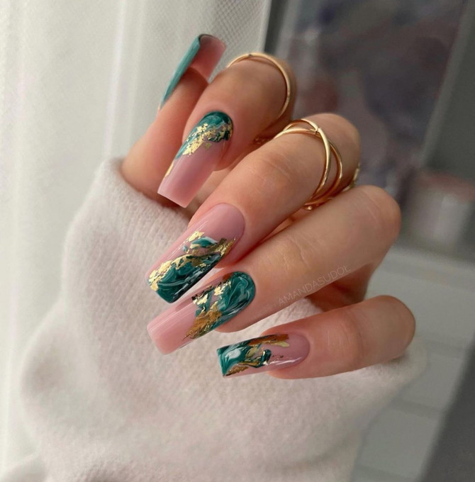 40+ Best Spring Nail Art Designs : Green Marble and Nude Nails