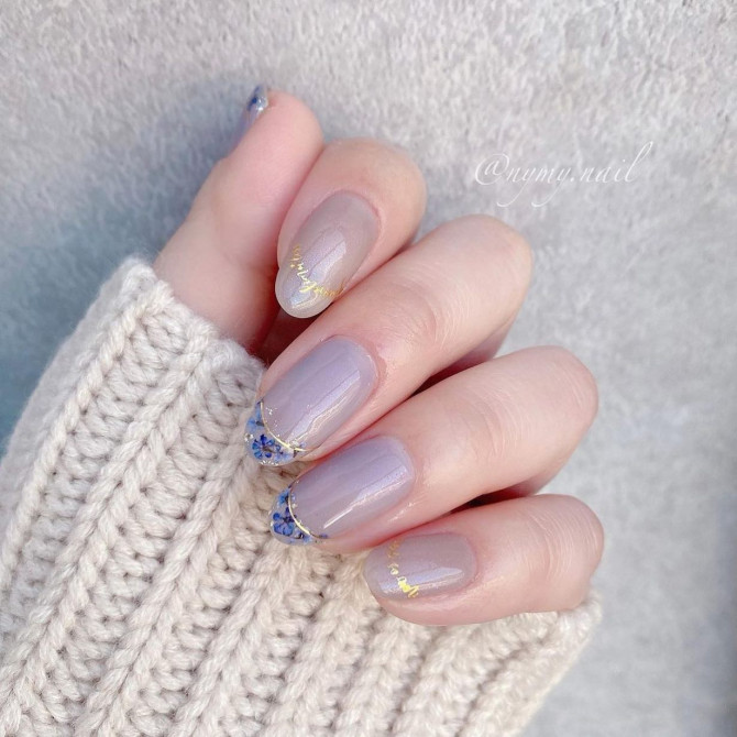 40+ Best Spring Nail Art Designs : Blue Flower French Tips Neutral Nails