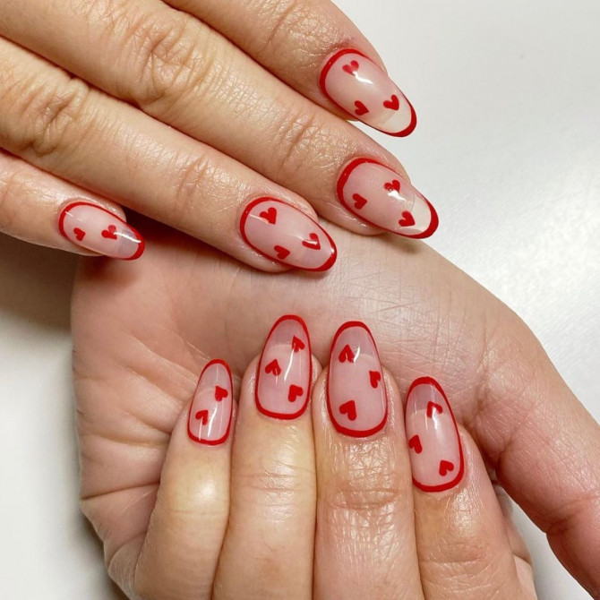 40 Best Valentine’s Day Nail Designs : Red Outline & Heart Nude Jelly Nails