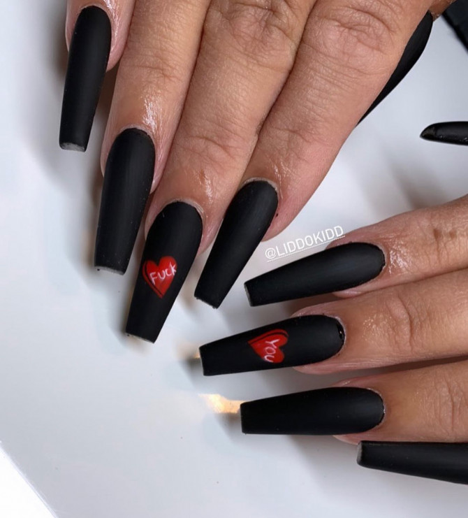 The 35 Cute Valentine's Day Nails : Matte Black Coffin Nails with Red Heart